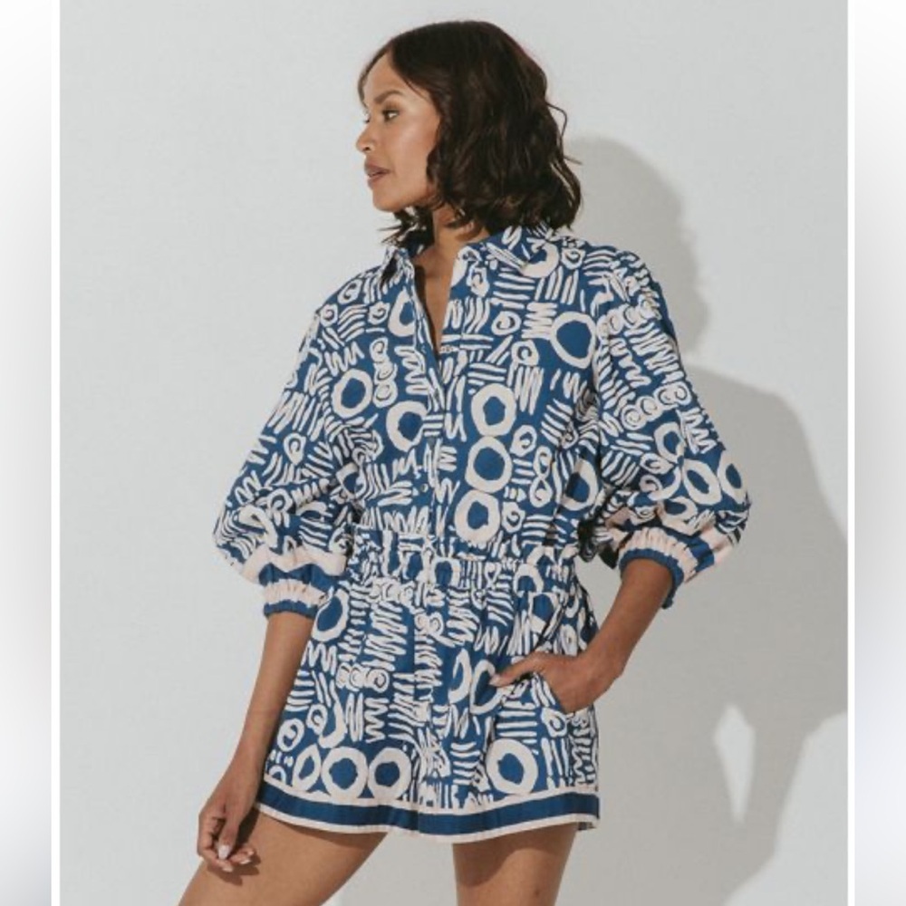 Cleobella Azana Blouse Linen Blend Isla Print Balloon Sleeve Top Size M